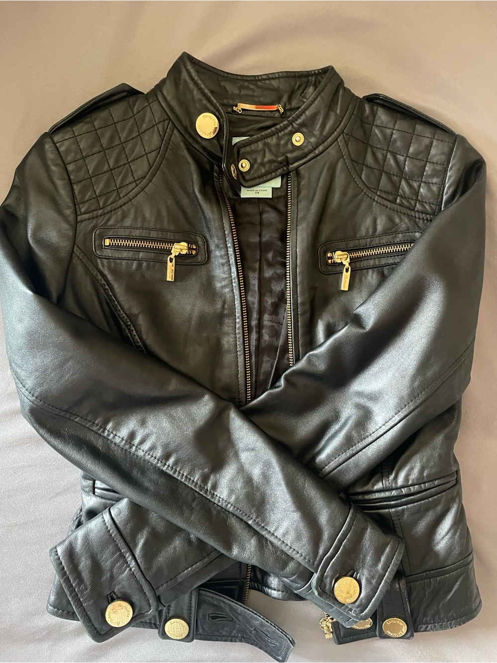 Guess by Marciano Black Faux Leather Moto Jacket with Gold Hardware